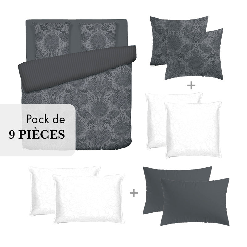 Pack linge de lit 100% satin de coton 9 pièces - Arles Gris foncé - VipShopBoutic