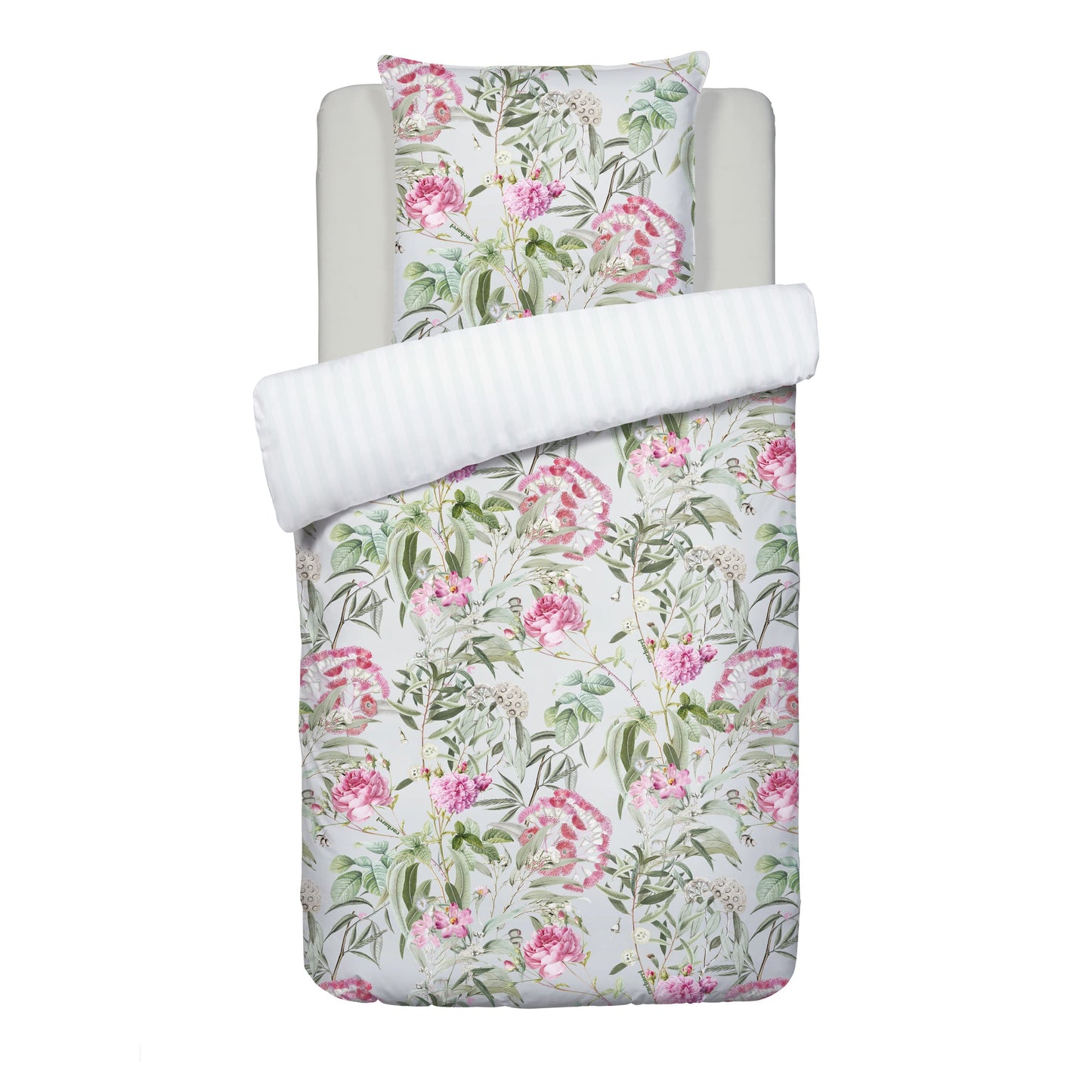 Duvet cover + pillowcase(s) cotton satin - dobby stripe Jardin de Roses Thyme Green