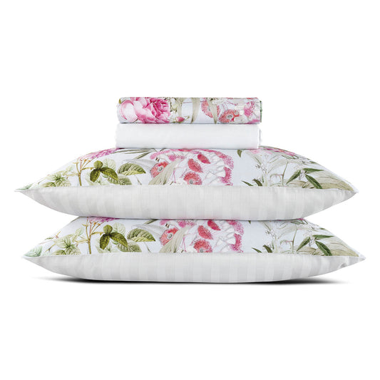 Set of sheets : fitted sheet, flat sheet, pillowcase(s) in cotton satin - Jardin de roses Thyme Green