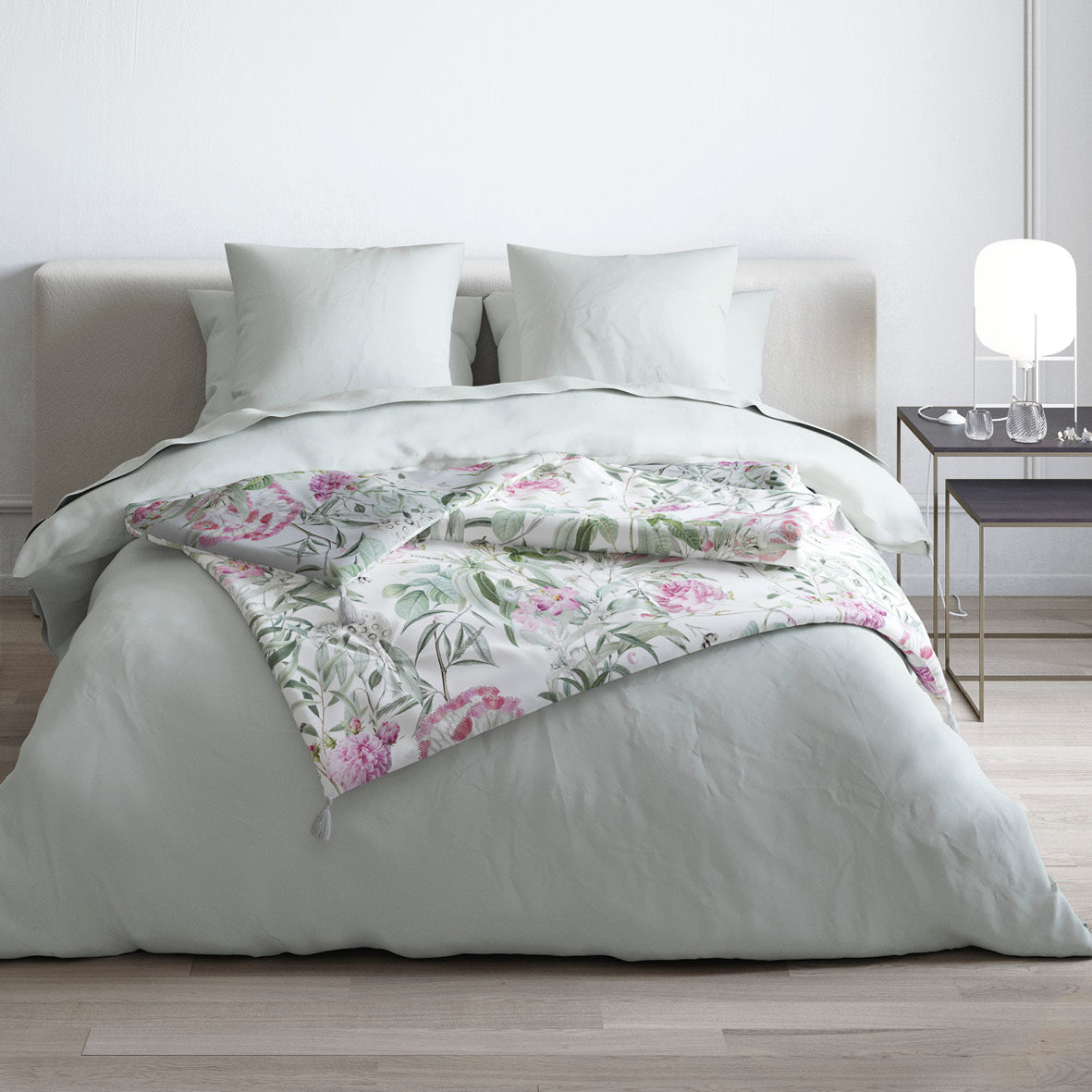 Quilt with tassels - Jardin de roses White/Thyme green