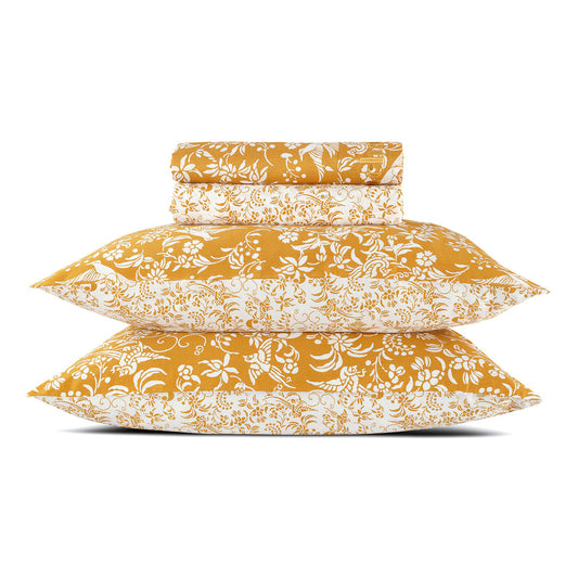 Sheet set : fitted sheet, flat sheet, pillowcase(s) in satin cotton - Birds yellow