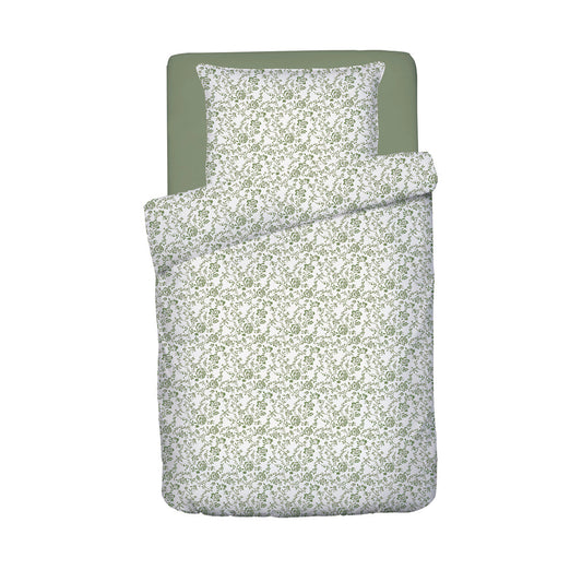 Duvet cover + pillowcase baby in cotton satin - Floraison de Roses white/green