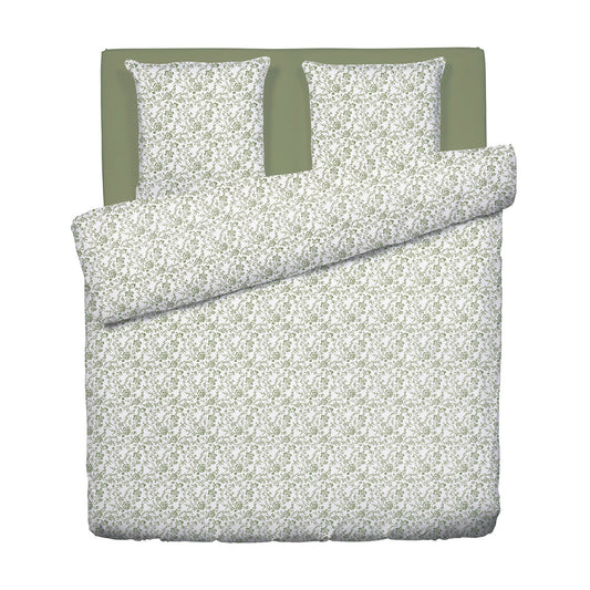 Duvet cover + pillowcase(s) cotton satin - Floraison de Roses White / Green