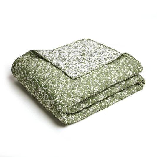 Couvre-lit matelassé en 100% satin de coton - dessin Floraison de Roses Blanc/vert
