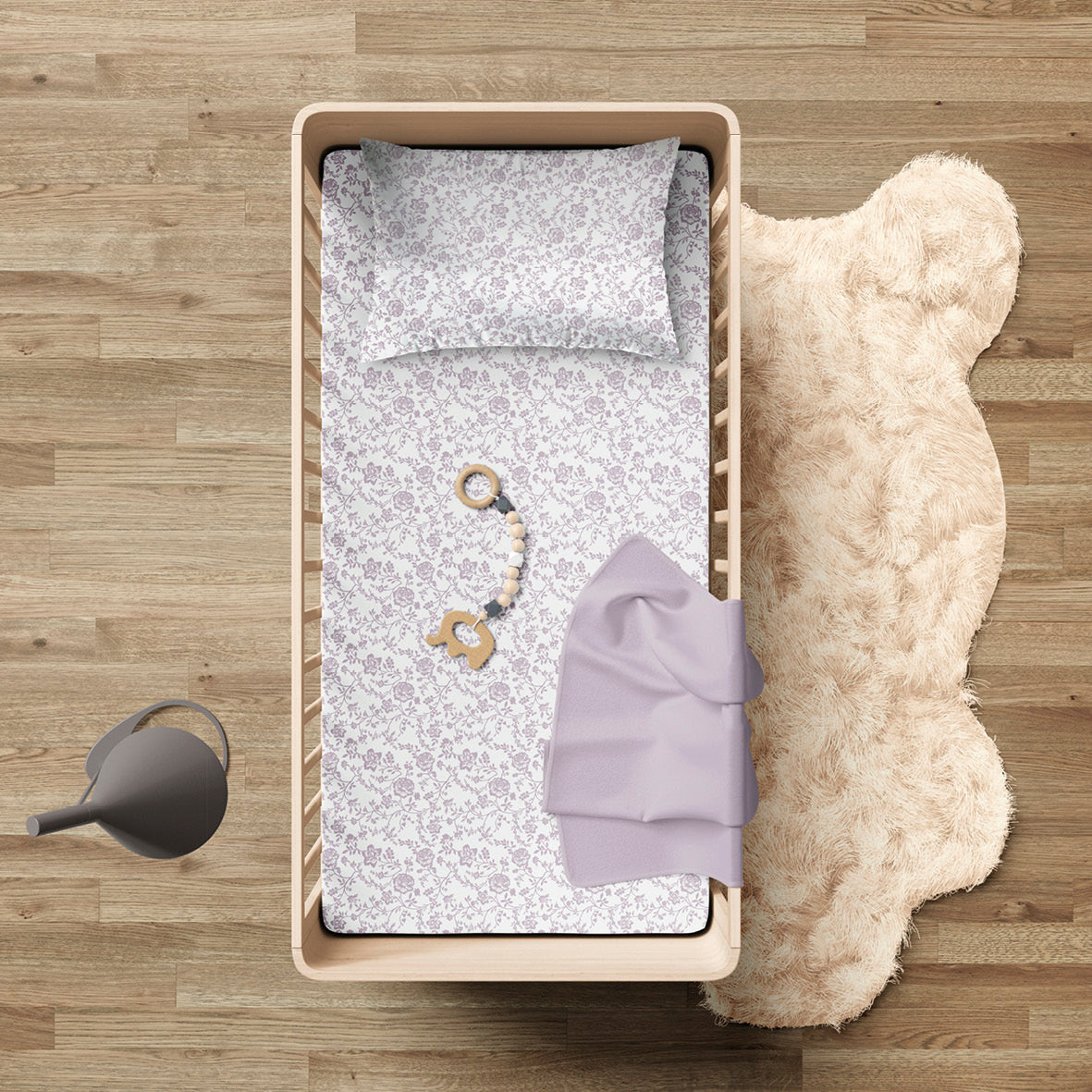Duvet cover + pillowcase baby in cotton satin - Floraison de Roses white / lavender