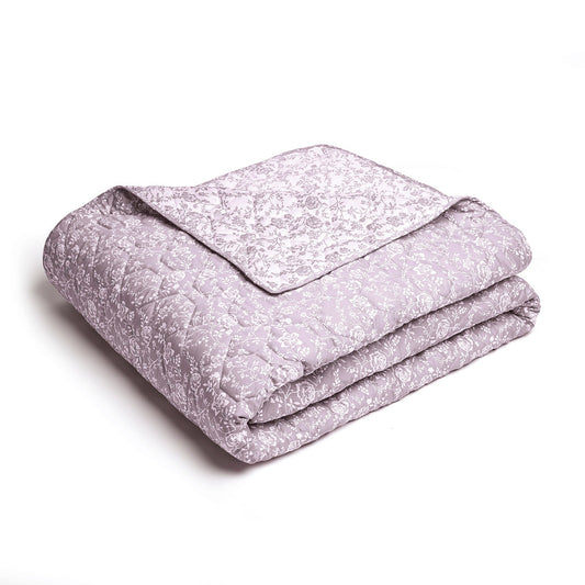 Couvre-lit matelassé en 100% satin de coton - dessin Floraison de Roses Lavende