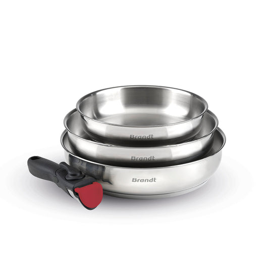 Set of 3 stainless steel fry pans with removable handle - Silver