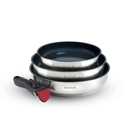 Set of 3 stainless steel fry pans with non-stick coating with removable handle - Silver