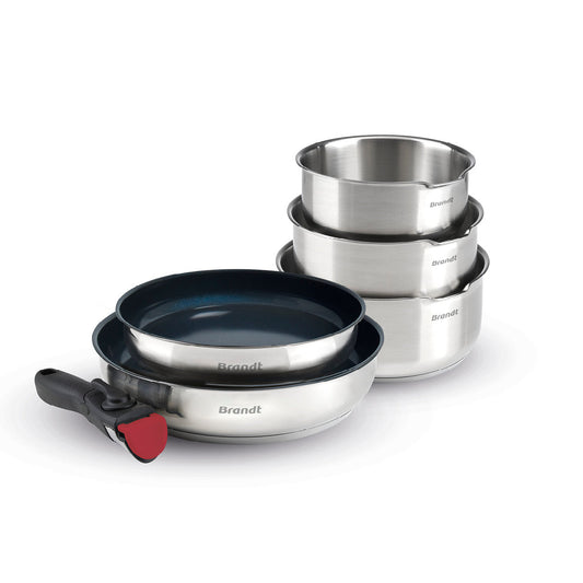 Set of 3 stainless steel sauce pans + 2 frypans non-stick coating + removable handle - Silver