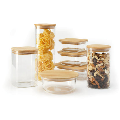 Set of 7 glass jars with bamboo lid - transparent and green - 0.32 l -> 1.5l