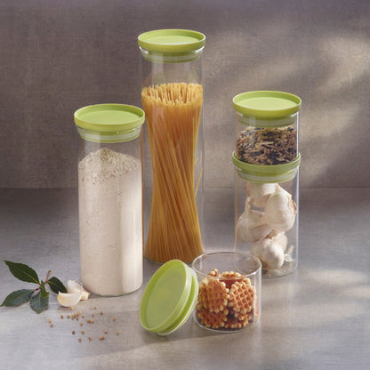Set of 3 glass jars with plastic lid - transparent and green - 1.5L