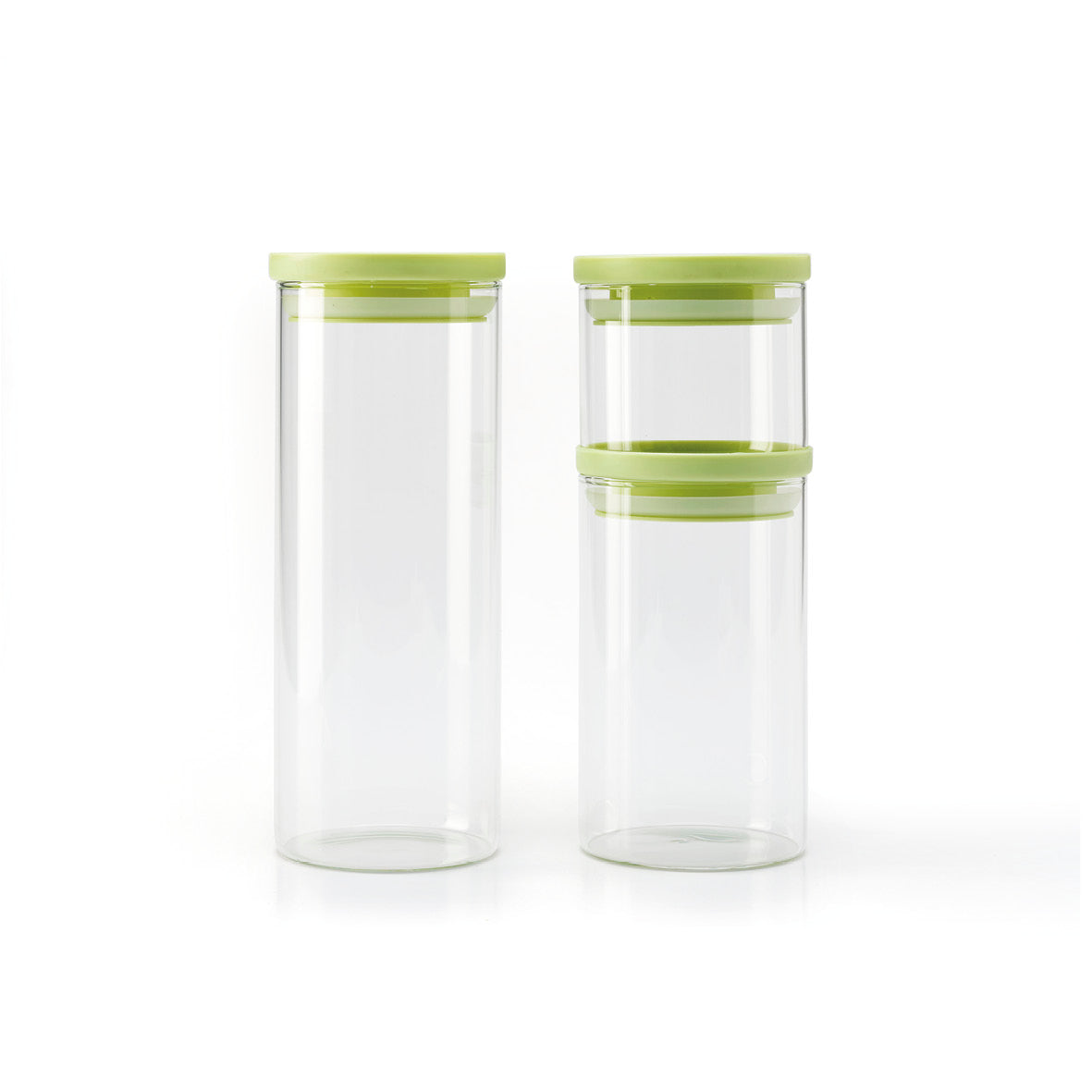 Set de 3 boîtes en verre avec couvercle en plastique – transparent et vert – 0.5l + 1L + 1.5L