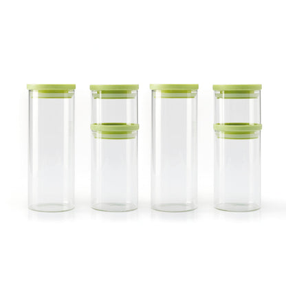 Set de 6 boîtes en verre avec couvercle en plastique – transparent et vert – 0.5l + 1L + 1.5L