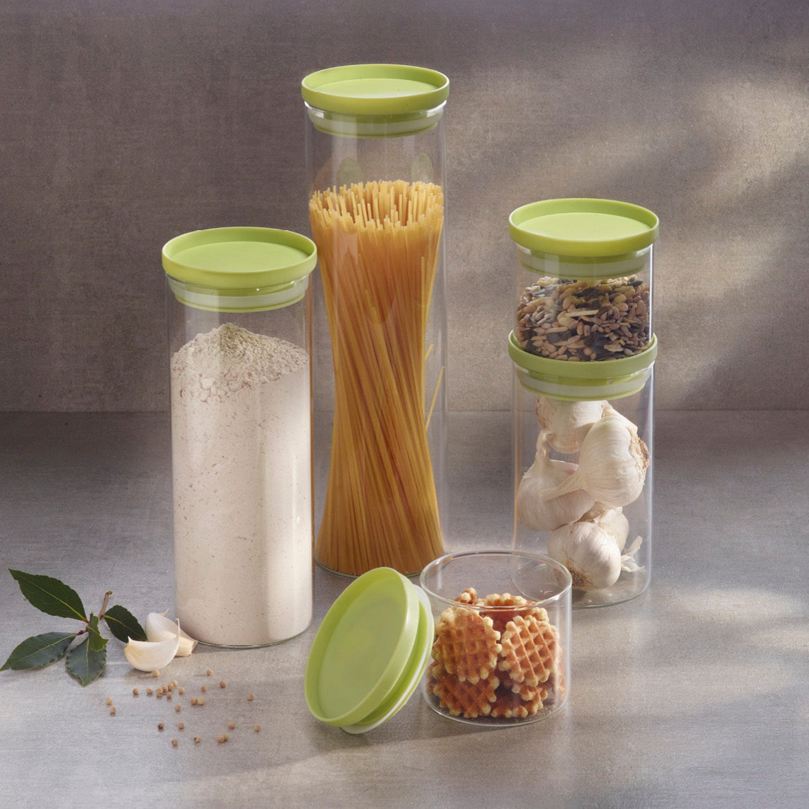 Set of 6 glass jars with plastic lid - transparent and green - 0.5l + 1L + 1.5L