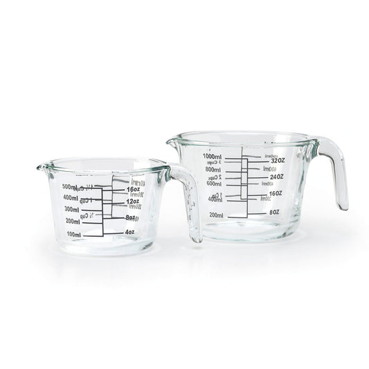 Set of 2 temperature resistant measuring cups in glass - with handle - 500 ml + 1000 ml