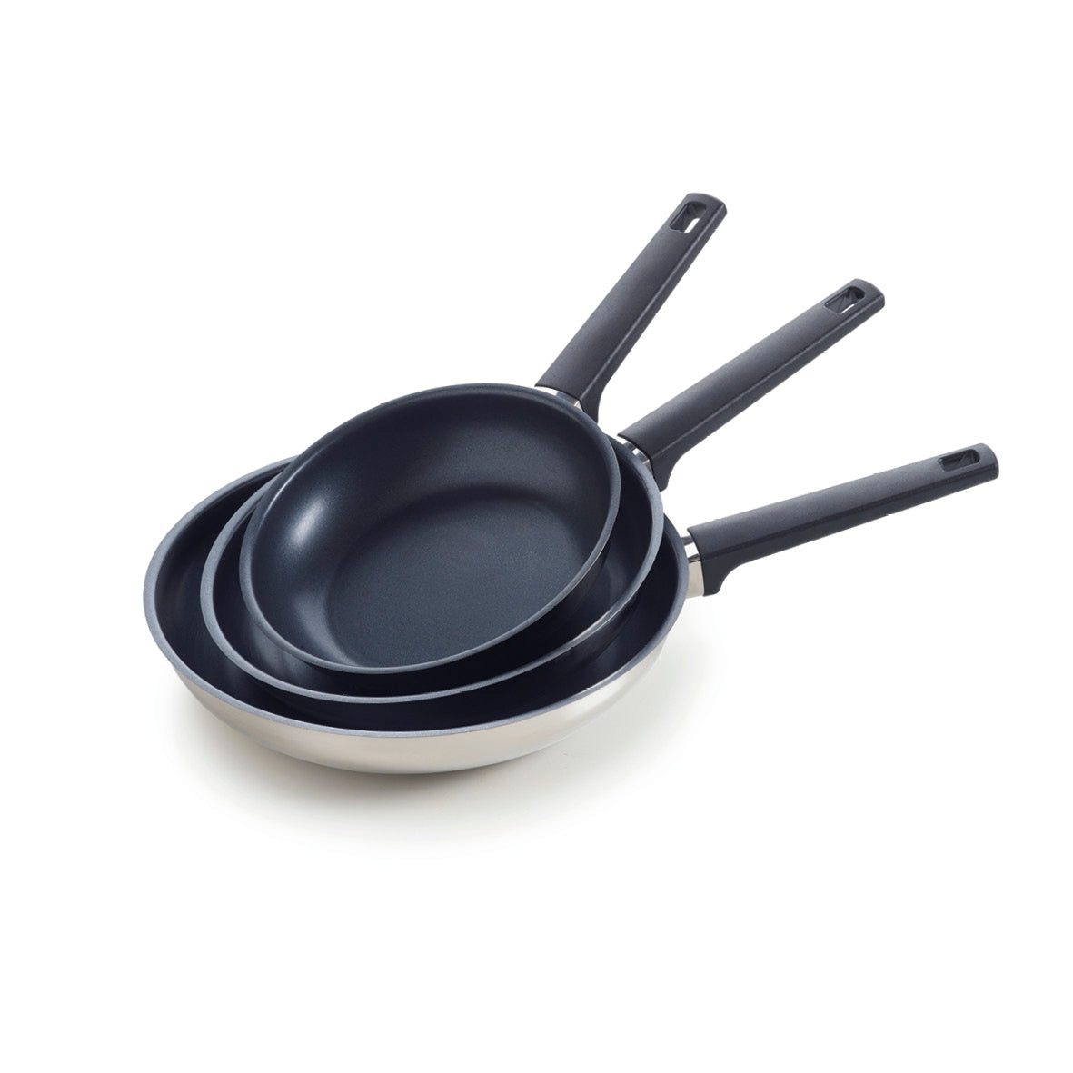 Set of 3 fry pans - non-stick coating - stainless steel -silver