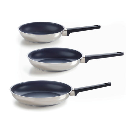 Set of 3 fry pans - non-stick coating - stainless steel -silver