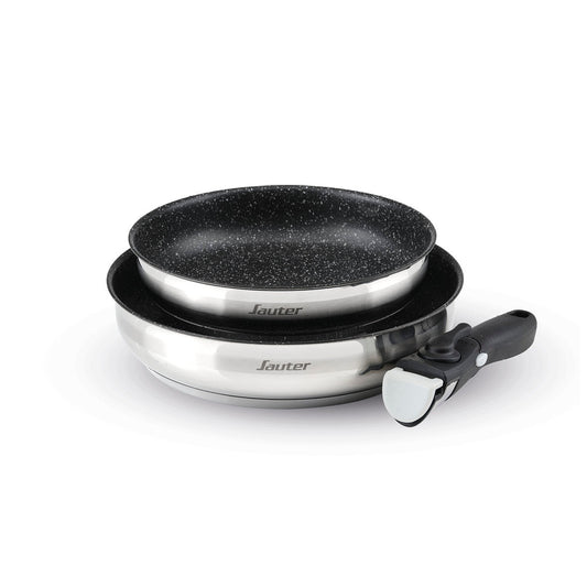 Set of 2 stainless steel frypans with non-stick coating with removable handle - Silver / black