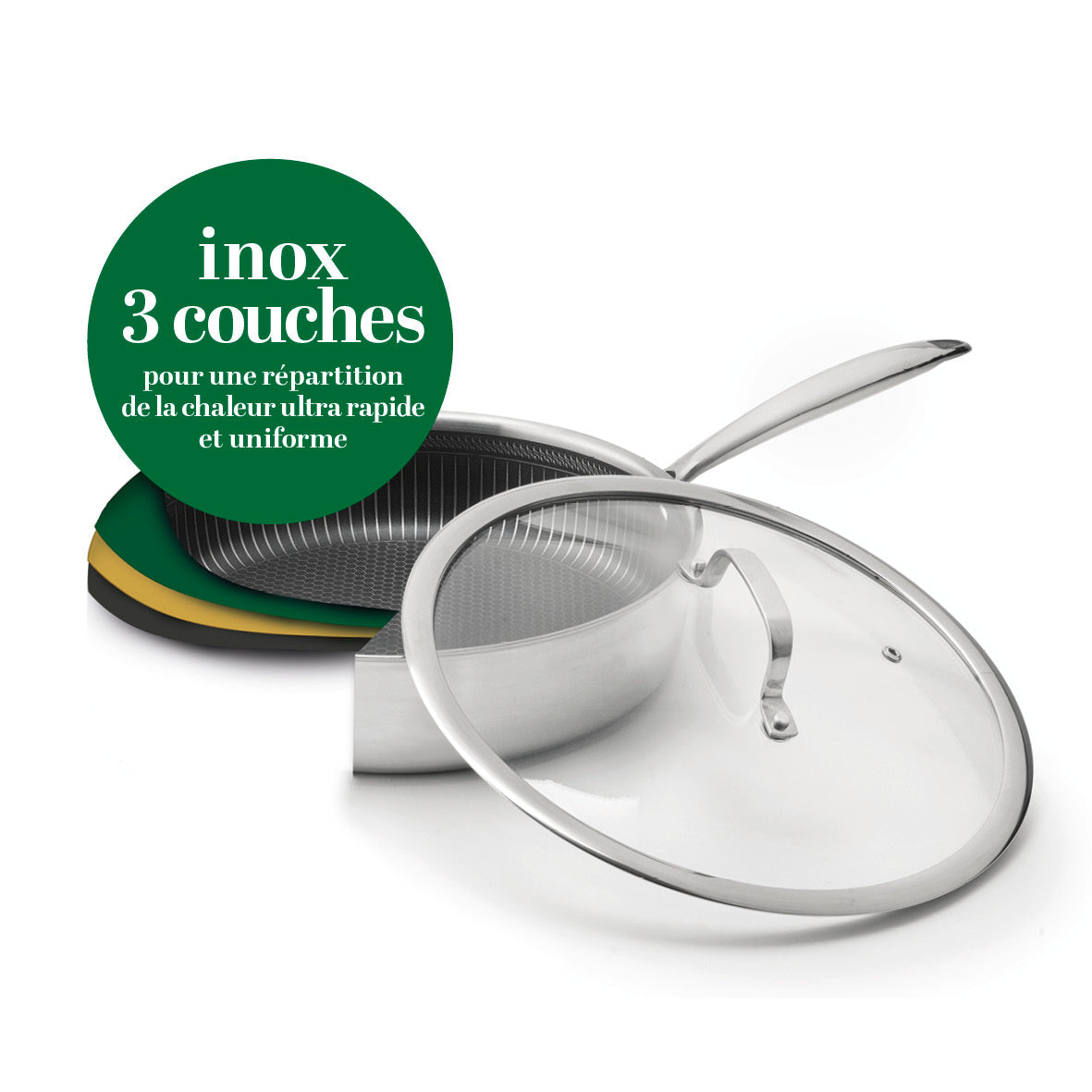 Stainless steel triply skillet non-stick honeycomb coating 24 cm - Silver