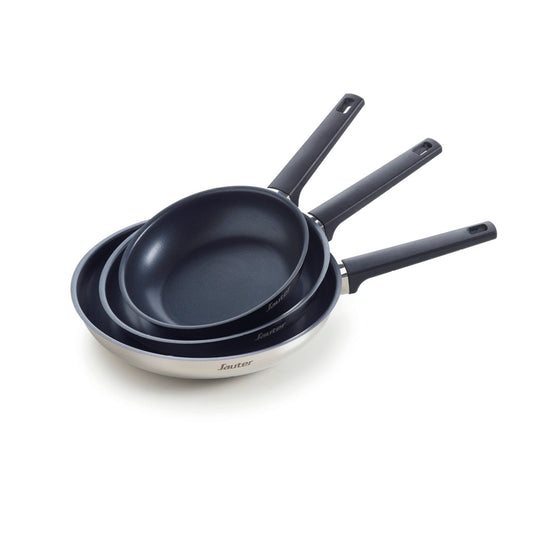 Set of 3 fry pans Qulinox - anti-stick coating - stainless steel -silver