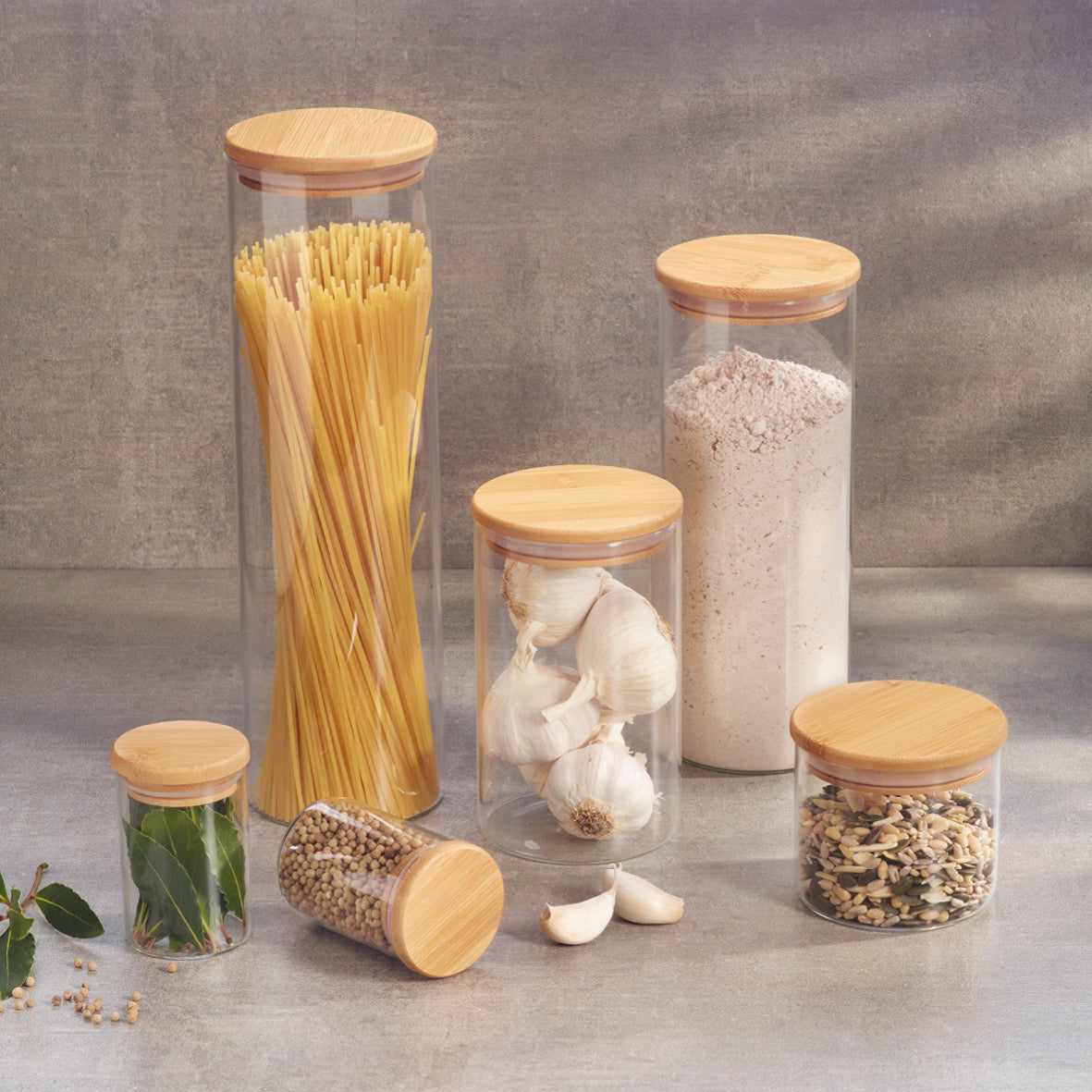 Set of 7 glass containers with bamboo lid - 0.32L - 1.5L