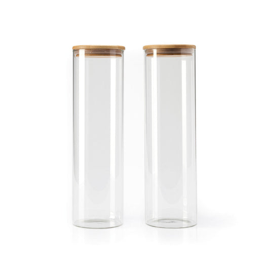 Set de 2 bocaux hauts en verre avec couvercle en bambou – transparent