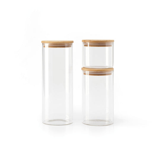 Set of 3 round glass canisters with bamboo lid