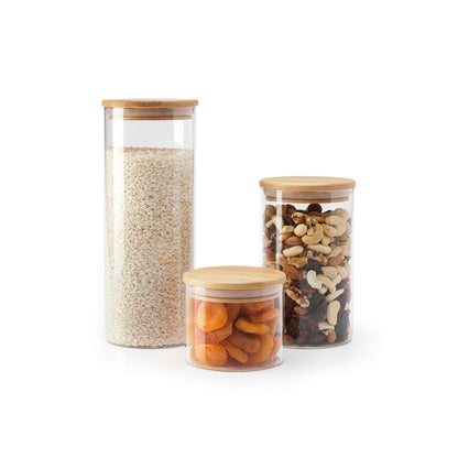 Set of 3 round glass canisters with bamboo lid