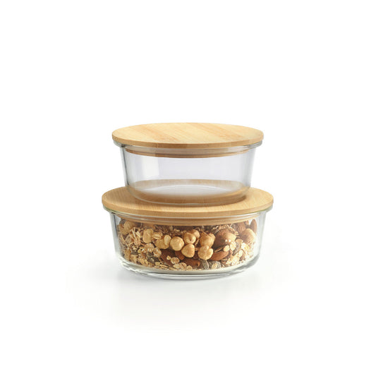Set of 2 round glass containers with bamboo lid