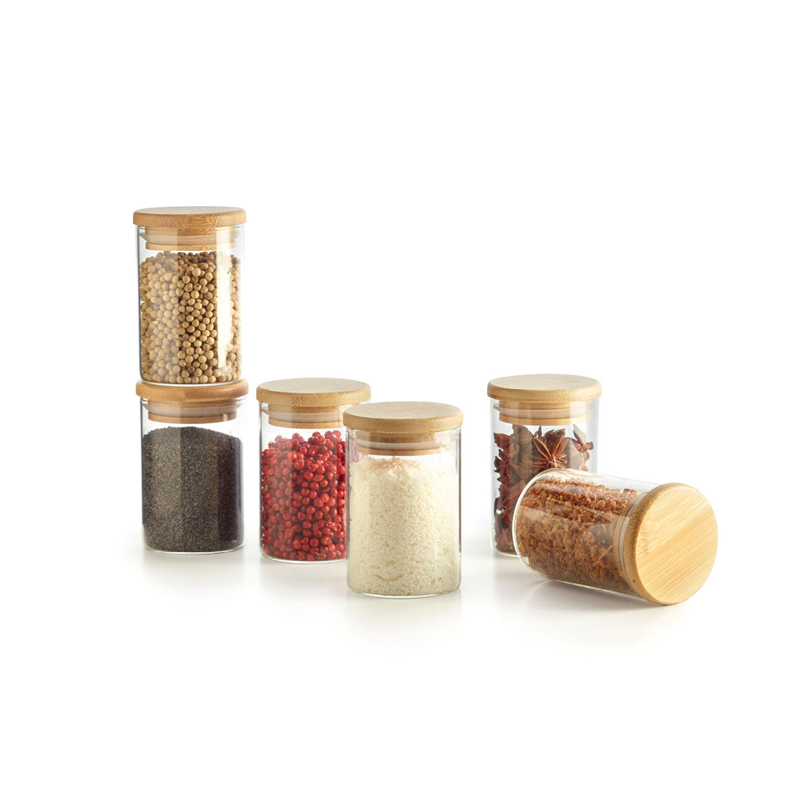 Set of 6 small glass spice jars with bamboo lid