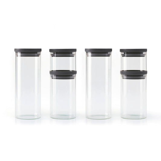 Set de 6 boîtes en verre avec couvercle en plastique – transparent et noir – 0.5l + 1L + 1.5L