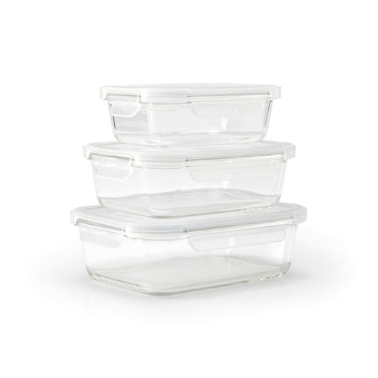 Set of 3 rectangular glass containers with clips - 0.6l + 1l + 1.5L