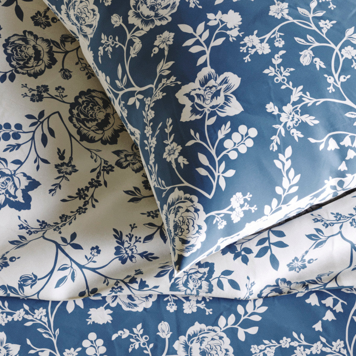 Housse de couette + taies coton percale fleurs - Bleu - VipShopBoutic