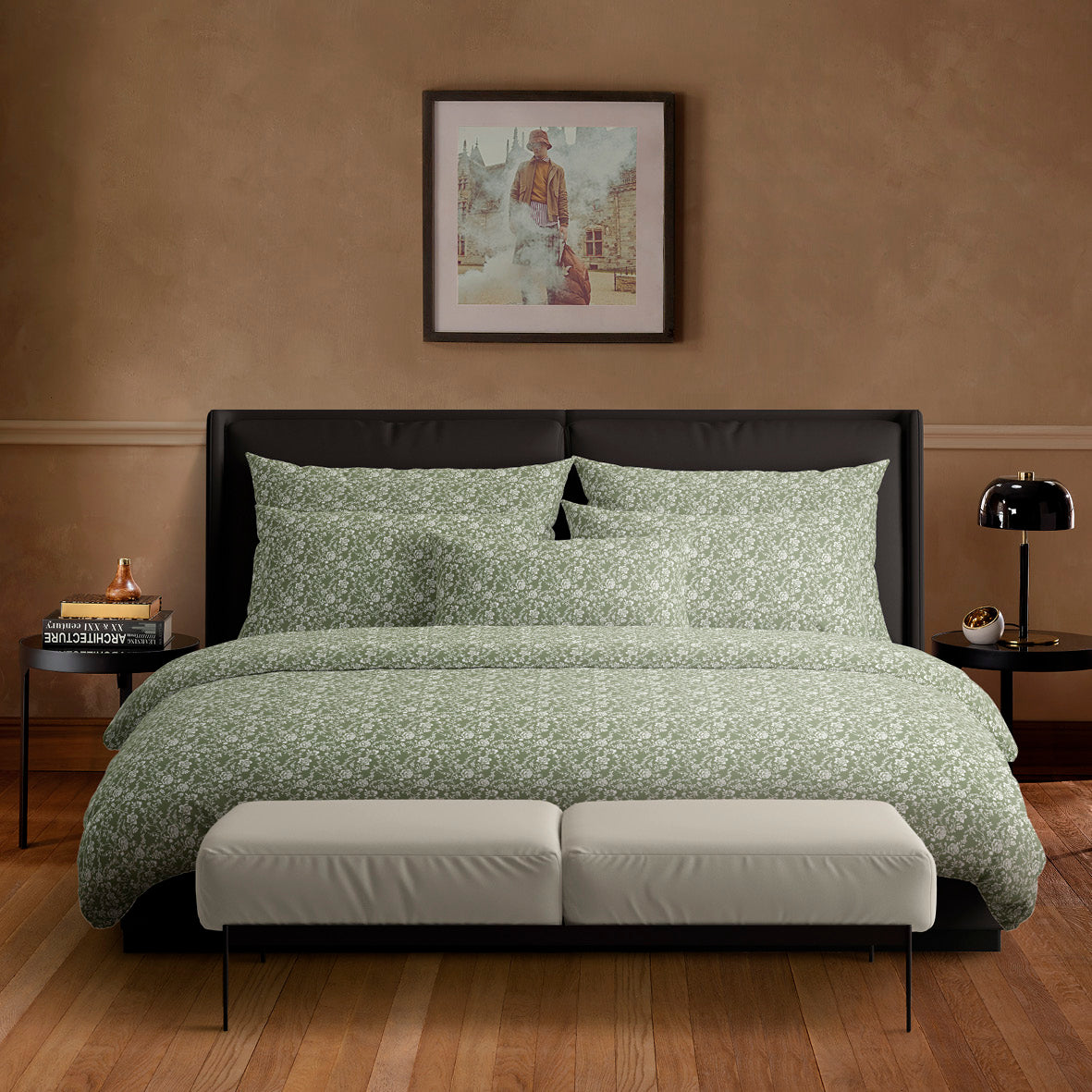 Duvet cover + pillowcase(s) cotton satin - Fleurs Green