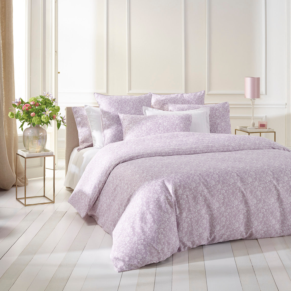 Duvet cover + pillowcase(s) cotton satin - Fleurs Lavender
