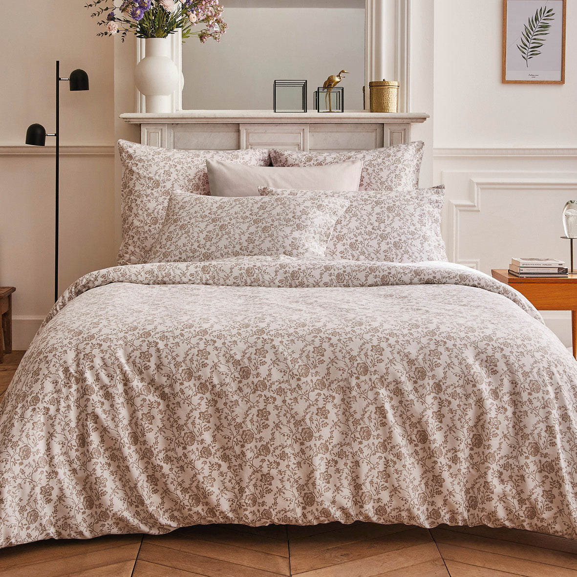 Set of 2 pillowcases cotton satin - Parterre de Roses white/taupe