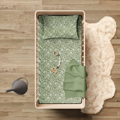 Duvet cover + pillowcase(s) baby cotton satin - Parterre de Roses green
