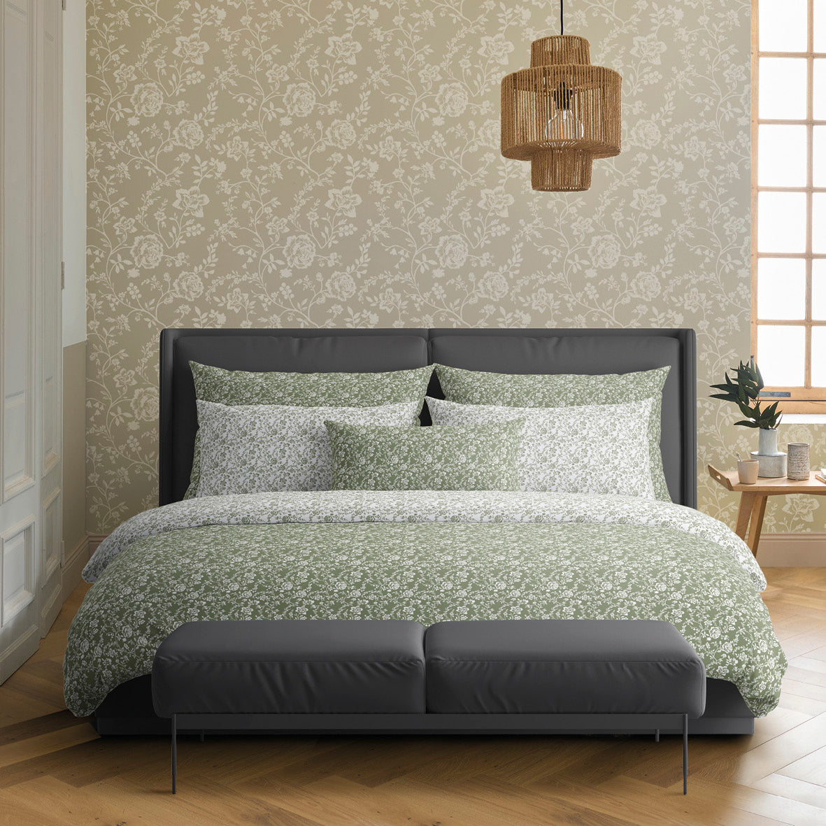 Set of 2 pillowcases cotton satin - Parterre de Roses green