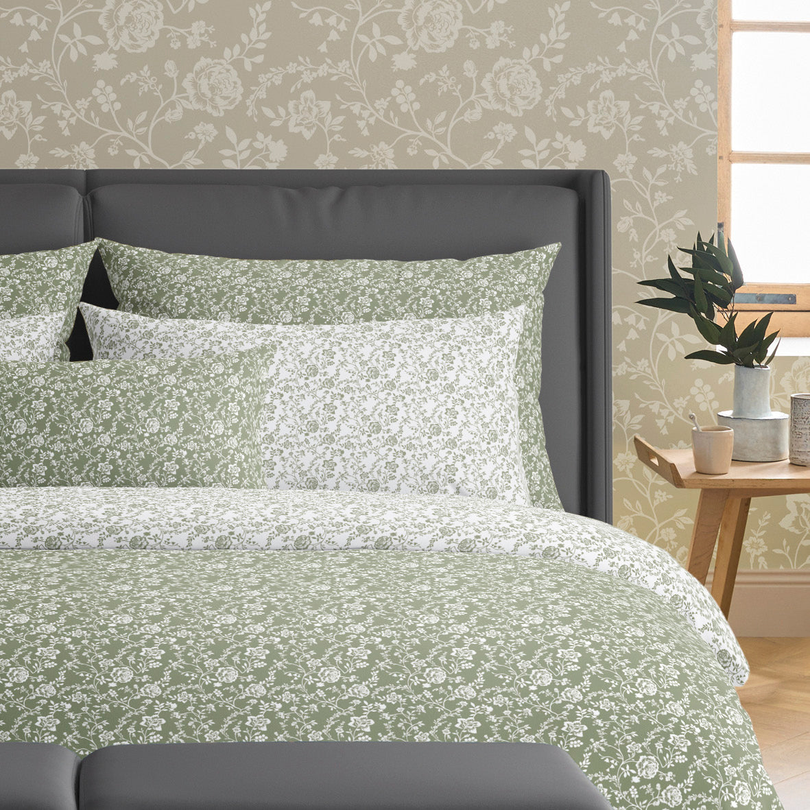 Set of 2 pillowcases cotton satin - Parterre de Roses green