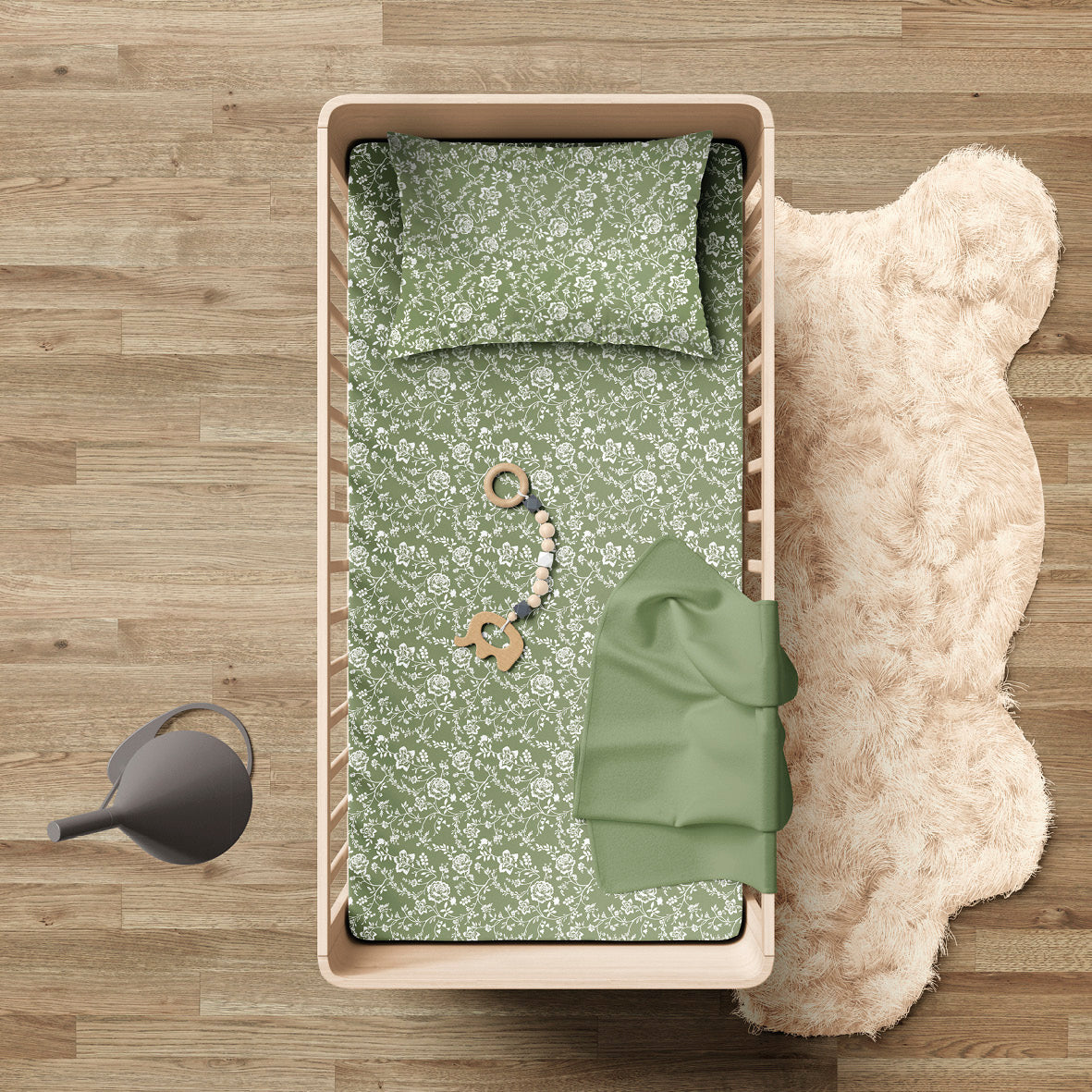 Flat sheet baby cotton satin - Parterre de Roses green