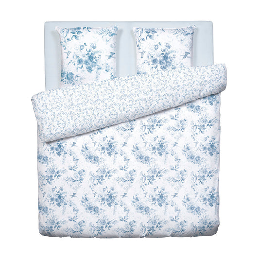 Housse de couette + taie(s) d'oreiller satin de coton - Bleu Floral blanc