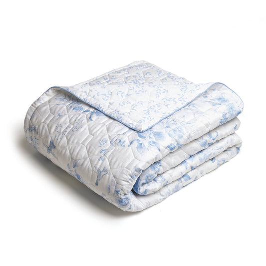 Couvre-lit en 100% satin de coton : dessin Bleu Floral blanc