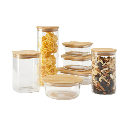 Set of 7 glass jars with bamboo lid - transparent and green