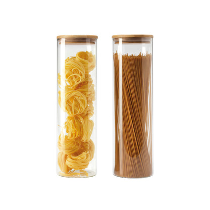 Set of 2 round glass canisters with bamboo lid large - transparent