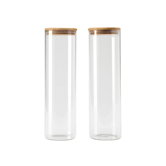 Set of 2 round glass canisters with bamboo lid large - transparent