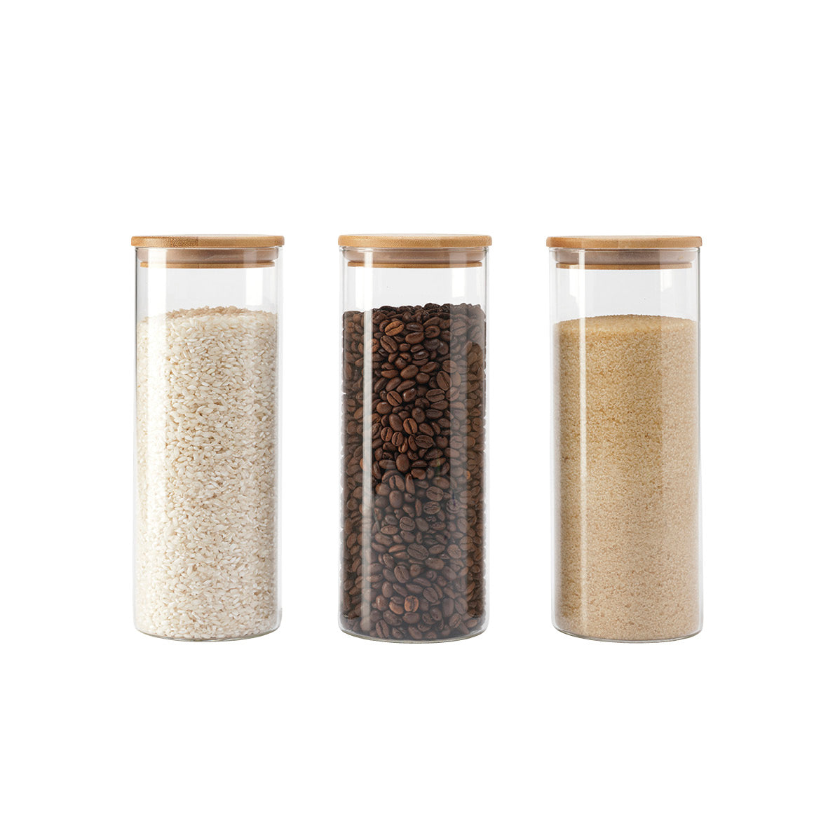 Set of 3 round glass canisters with bamboo lid medium - transparent