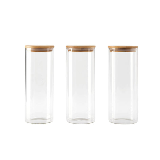 Set de 3 bocaux hauts en verre avec couvercle en bambou – transparent
