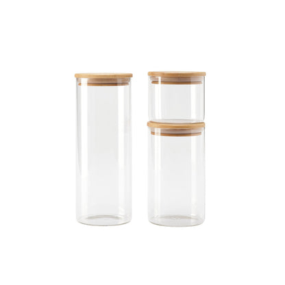 Set of 3 round glass canisters with bamboo lid - transparent