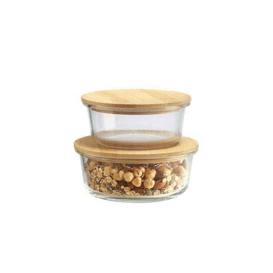 Set of 2 round glass containers with bamboo lid - transparent