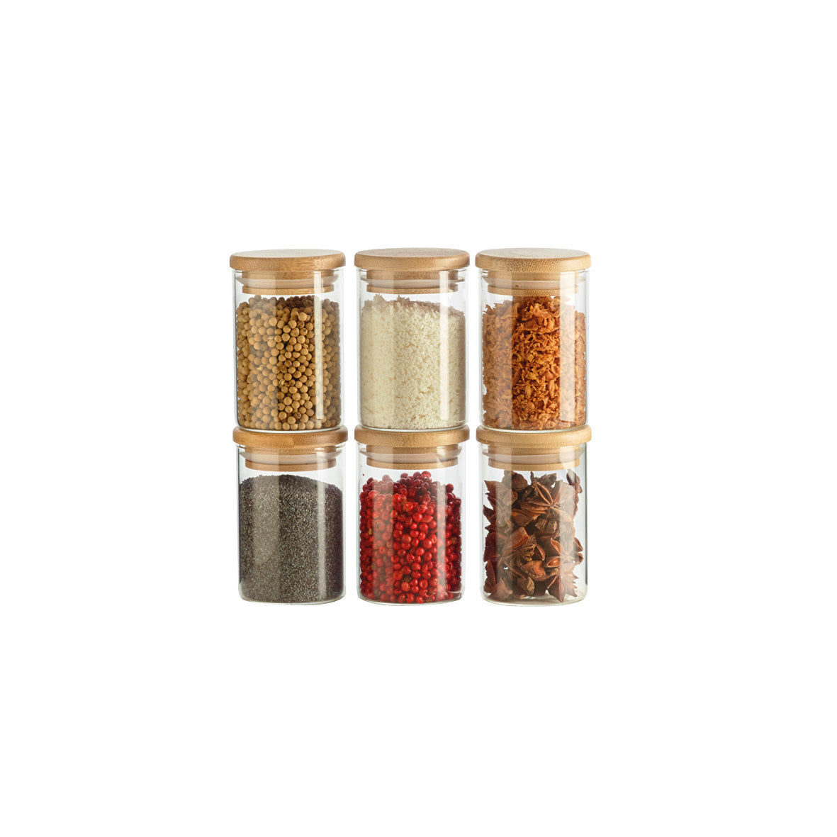 Set of 6 small glass spice jars with bamboo lid - transparent